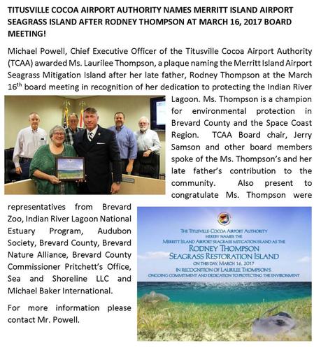 Titusville Cocoa Airport Authority names Merritt Island Airport Seagress Island after Rodney Thompson at March 16, 2017 Board Meeting. Photo of Airport Authority Board, CEO and Ms. Laurilee Thompson holding Plaque.