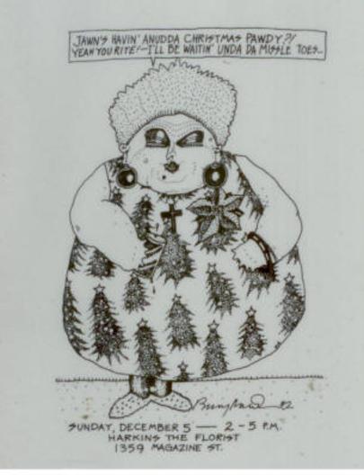 A hand-drawn cartoon of a larger woman dressed in holiday clothes, talking about John's Christmas party