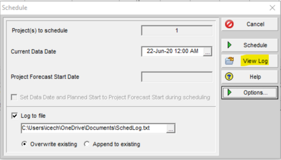 Primavera P6 view log schedule