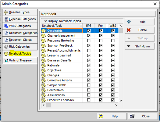 Select notebook topics in Primavera P6 admin categories window