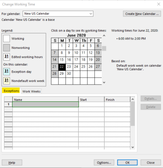 Set MS Project calendar exceptions