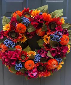 Bright and Beautiful Designer Fall Wreath Orange Velvet Pumpkin Blueberries
