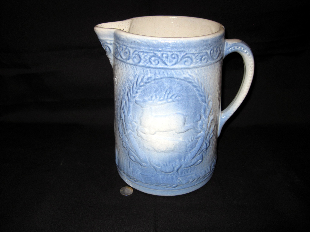 Blue and White Spongeware Stoneware Hot Water Pitcher with Stripes