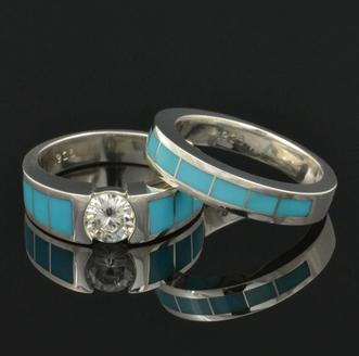 Turquoise engagement ring and turquoise wedding ring in sterling silver.
