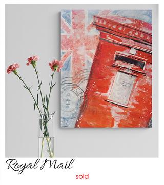 acrylic painting, royal mail, pillar box, post box, london painting