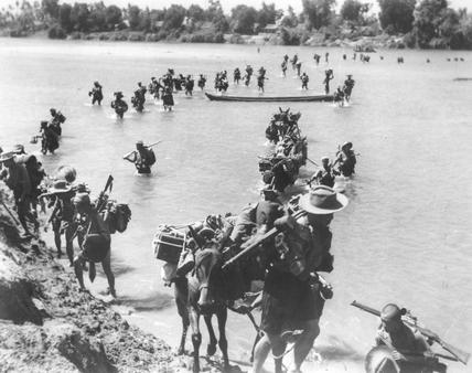 Gurkhas crossing the River Irrawaddy in central Burma during WW2