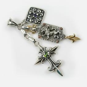 Rampant Lion, Cross Fleur-de-lis Charm Pendants w/Zircon & Sapphire Gemstones