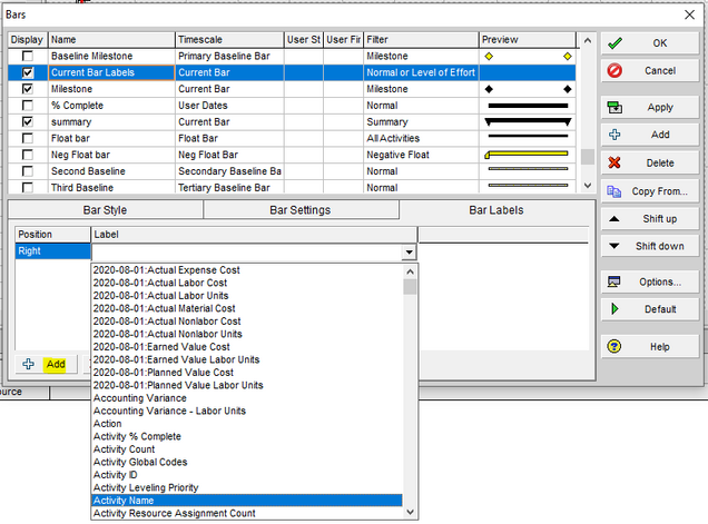 Choose bar labels tab in Primavera P6 pull-down menu