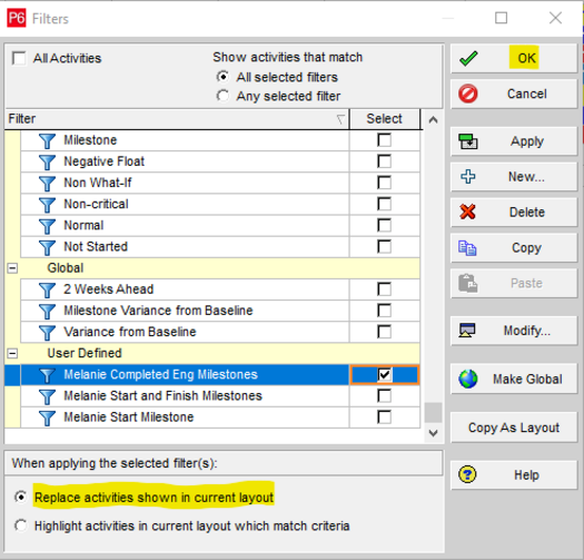 Select replace activities in current layout Primavera P6