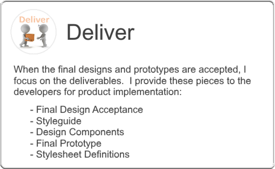 Final Step - Deliver - When the final designs and prototypes are accepted, I focus on the deliverables.