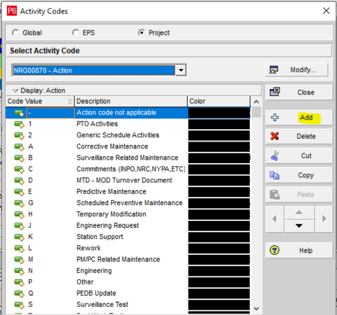 Add Primavera P6 activity codes