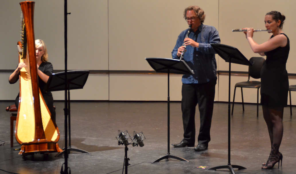 Candace LiVolsi, Todd Hunt, and Sandy Fortier perform Todd's Trio for Flute, Clarinet and Harp.