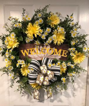 Spring Welcome Wreath Yellow Flowers Greens Ribbon
