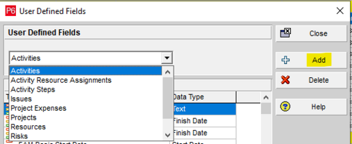 User defined fields Primavera P6 options