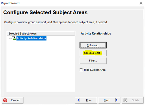 Configure selected subject areas in Primavera P6 report wizard