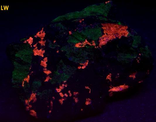 fluorescing SPHALERITE, WILLEMITE,with FRANKLINITE MAGNETITE - Sterling Mine, Sterling Hill, Ogdensburg, Franklin Mining District, Sussex County, New Jersey, USA