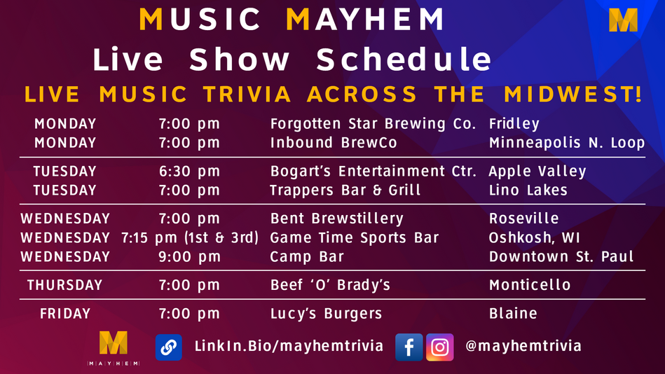 image version of Music Mayhem weekly live show schedule