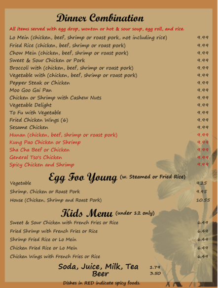 Dragon Inn Dinner Menu