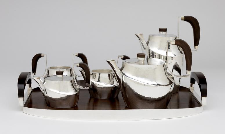 Sterling silver Tea and Coffee service. Rosewood tray and handles.