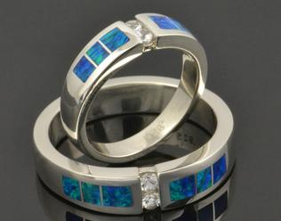 Lab Created Opal Wedding Ring Set with White Sapphires in Sterling Silver.