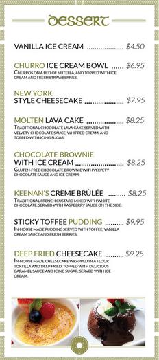 Keenan's Irish Pub Dessert Menu