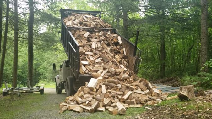 Big truck delivering premium quality hardwood firewood in a forest