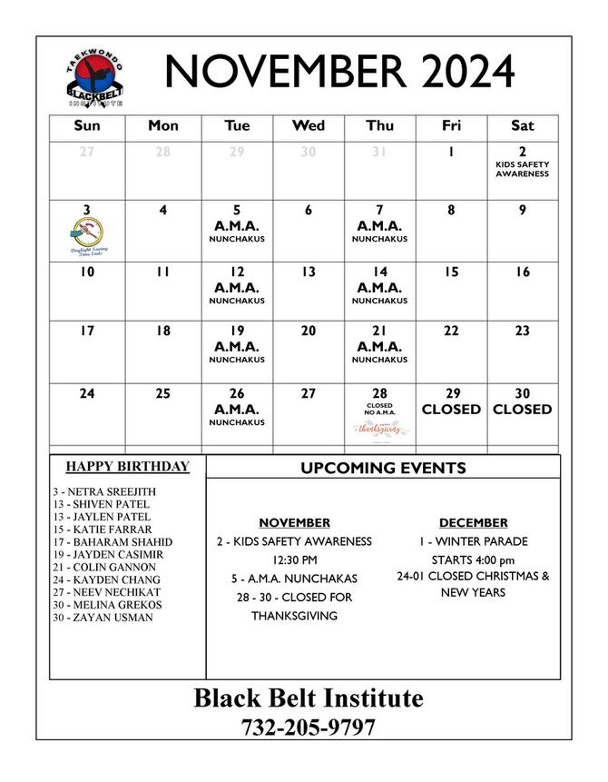 BLACK BELT INSTITUTE MARTIAL ARTS AND KARATE EVENTS CALENDER METUCHEN EDISON