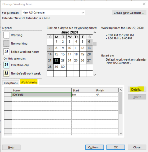 Change MS Project working time