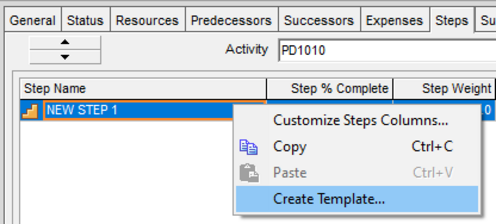 Assign step weight and create template Primavera P6