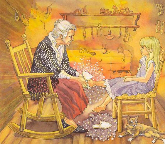 beautiful representational watercolor painting of grandmother in a rocking chair sitting with granddaughter putting on magic slipper on granddaughters foot, , warm orange yellow red purple pallette, children’s illustration, Susi Grell Knox , local Brampton artist, Susi Inc.,susi-art.com