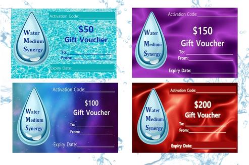 Image of 4 Water Medium Synergy Gift Vouchers with different voucher values ranging from $50 (aqua), $100 (blue), $150 (purple) and $200 (red).