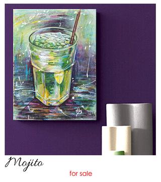 mojito cocktail, mojito cocktail with straw, acrylic painting, drink in glass