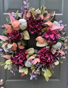 Designer Autumn Wreath Plum Blue Hydrangea Pumpkins