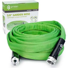 Green Flat Garden Hose 25 ft Flexible Lightweight with 3/4" GHT Metal
