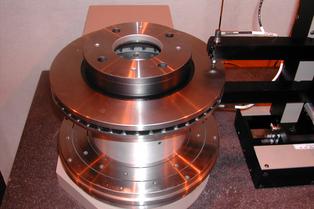 A brake rotor inspection system assembled and in operation