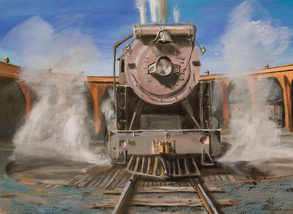 steam locomotive railroad roundhouse painting