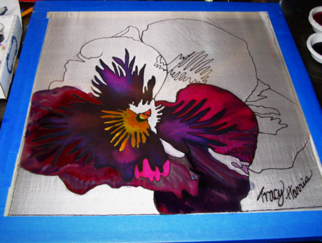 Tracy Harris Silk Artist, Pansy, Gutta, Water Based Resist