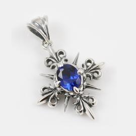 Royal Cross Fleur-de-lis Design Sterling Silver Pendant w/Blue Zircon GI™Stamped
