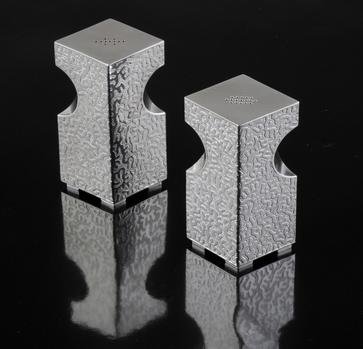 Hand fabricated sterling silver salt and pepper shakers by artist Kevin O'Dwyer.