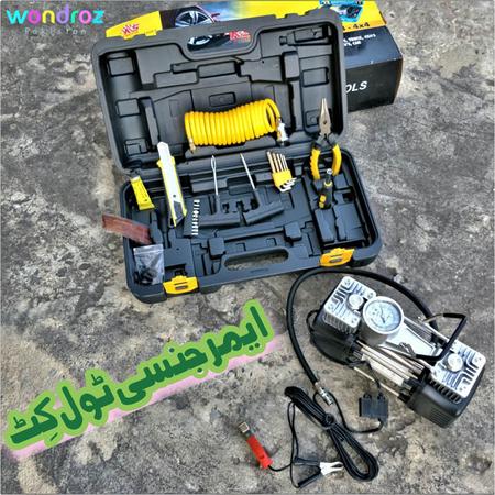 Car Emergency Tool Kit in Pakistan. It includes Double Cylinder Air Compressor, Screwdrivers and Puncture Repair Tools in Lahore