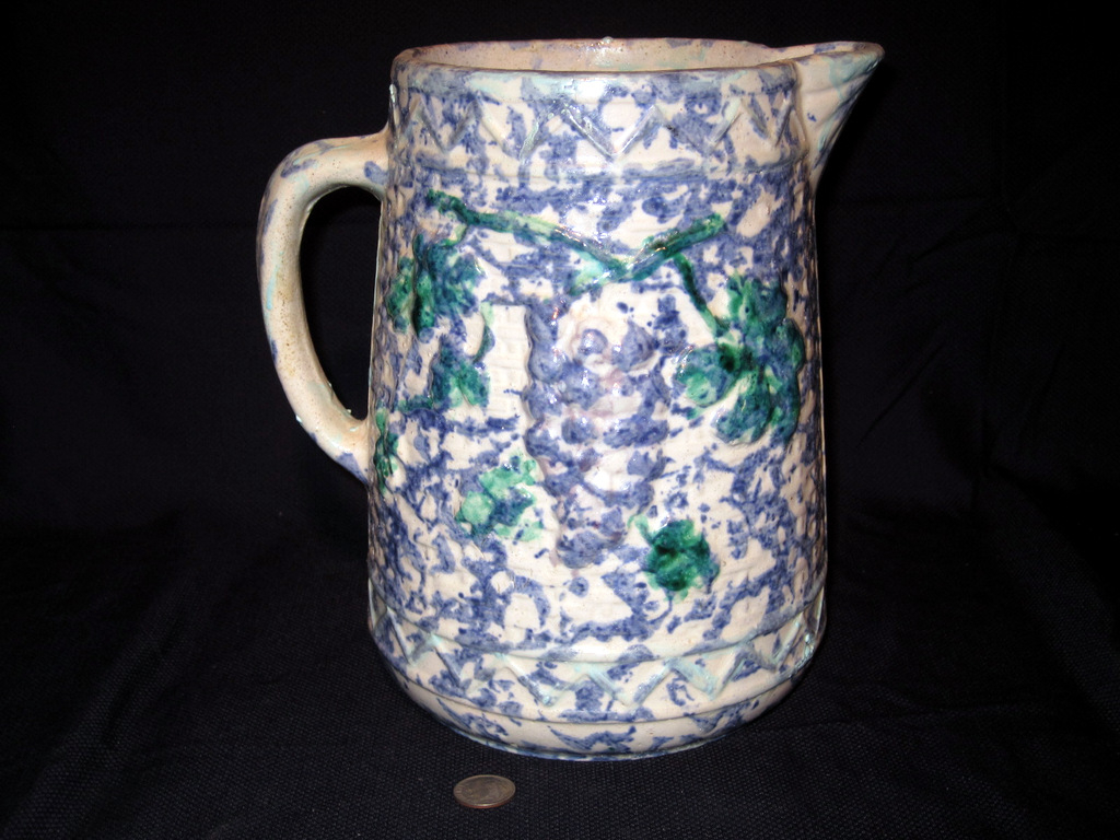 Late 19th Century Blue and White Spongeware Stoneware Hot Water