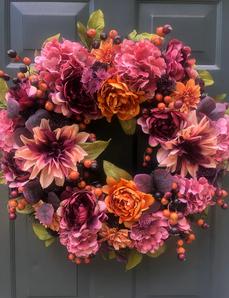 Designer Fall Front Door Wreath Pink Orange Plum Hydrangea Mum Dahlia