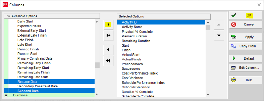 Choose resume and suspend dates in Primavera P6 columns box