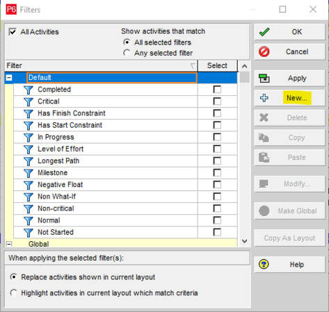 Default filters view in Primavera P6