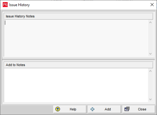 Primavera P6 issue history window and options