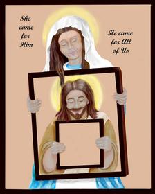 Mary and Jesus holding frames. Painting.