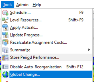 Go to tools menu and select global change in Primavera P6
