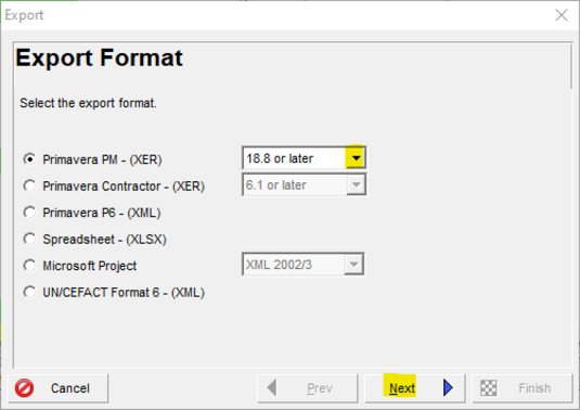Export Format option for Primavera P6 18.8 or later