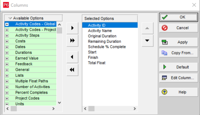 Select columns dialog box in Primavera P6