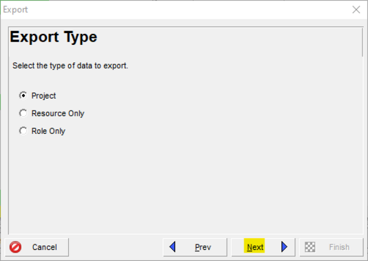 Select project as export type in Primavera P6 options